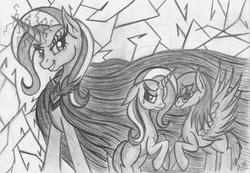 Size: 2324x1604 | Tagged: safe, artist:rossmaniteanzu, trixie, oc, oc:cloud tumble, g4, alicorn amulet, canon x oc, comforting, crying, memory, monochrome, sad, traditional art, trixietumble