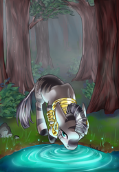 Size: 950x1374 | Tagged: safe, artist:moenkin, zecora, zebra, g4, drinking, female, forest, pond, solo