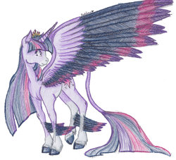 Size: 1024x931 | Tagged: safe, artist:dreamyeevee, twilight sparkle, alicorn, classical unicorn, pony, g4, cloven hooves, colored fetlocks, colored wings, female, horn, leonine tail, mare, multicolored wings, older, realistic horse legs, solo, traditional art, twilight sparkle (alicorn)