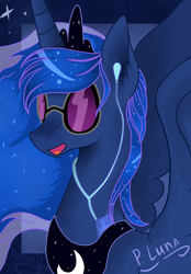 Size: 1836x2644 | Tagged: safe, artist:herusann, princess luna, alicorn, pony, g4, accessory swap, earbuds, female, mare, solo, spread wings, sunglasses