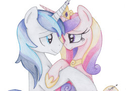Size: 1024x741 | Tagged: safe, artist:dreamyeevee, princess cadance, shining armor, alicorn, pony, unicorn, g4, female, horn, horns are touching, male, mare, stallion, traditional art