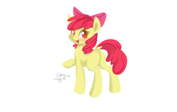 Size: 2200x1400 | Tagged: safe, artist:xcopyen002, apple bloom, earth pony, pony, g4, blank flank, bloom butt, blushing, bow, butt, dock, female, filly, foal, hair bow, happy, looking at you, looking back, looking back at you, plot, raised hoof, signature, simple background, smiling, smiling at you, solo, standing, white background
