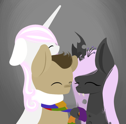 Size: 804x788 | Tagged: safe, doctor whooves, fleur-de-lis, time turner, changeling, changeling queen, ask the dimension travelers, g4, clothes, crossover, doctor who, papillon, papillon's hive, purple changeling, scarf, tumblr