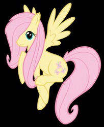 Size: 652x800 | Tagged: artist needed, source needed, safe, fluttershy, pegasus, pony, g4, black background, female, floating, hair over one eye, looking at you, mare, simple background, smiling, smiling at you, solo, spread wings, wings
