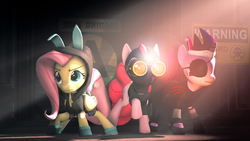 Size: 1920x1080 | Tagged: safe, artist:sourcerabbit, fluttershy, pinkie pie, twilight sparkle, oc, oc:twily coda, earth pony, pegasus, pony, unicorn, g4, 3d, bunny ears, clothes, dangerous mission outfit, eyepatch, female, future twilight, goggles, hoodie, mare, pinkie spy, source filmmaker