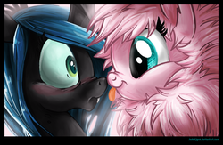 Size: 1246x814 | Tagged: safe, artist:jadedjynx, queen chrysalis, oc, oc:fluffle puff, g4, :p, blushing, boop, canon x oc, eye contact, female, frown, lesbian, looking at each other, nose wrinkle, noseboop, ship:chrysipuff, shipping, smiling, tongue out, wide eyes