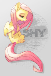 Size: 1022x1500 | Tagged: dead source, safe, artist:sambragg, fluttershy, pegasus, pony, g4, blushing, design, female, lidded eyes, long tail, mare, partially open wings, shirt design, shy, sitting, smiling, solo, tail, wings