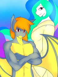 Size: 432x576 | Tagged: safe, artist:marik azemus34, princess celestia, oc, oc:von, anthro, g4, anthro oc, clothes, cover art, male, topless