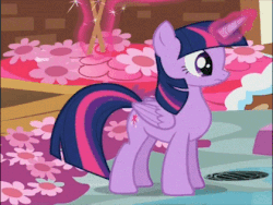 Size: 420x315 | Tagged: safe, screencap, twilight sparkle, alicorn, pony, g4, pinkie pride, animated, female, frown, looking back, magic, mare, raised hoof, reaction image, solo, telekinesis, twilight sparkle (alicorn), walking