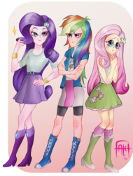 Size: 2490x3274 | Tagged: safe, artist:oyasumiohan, fluttershy, rainbow dash, rarity, equestria girls, g4, clothes, high res, humanized, skirt, tank top