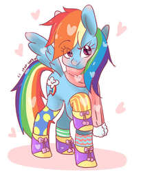 Size: 1280x1536 | Tagged: safe, artist:evino-chan, rainbow dash, g4, boots, clothes, female, heart, mismatched socks, scarf, shoes, socks, solo