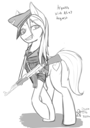 Size: 600x848 | Tagged: safe, artist:discrete turtle, oc, oc only, oc:aryanne, black and white, clothes, female, grayscale, gun, hat, long hair, looking at you, monochrome, necktie, rifle, sharp teeth, sketch, smiling, solo, standing, team captain, uniform, vicious, war