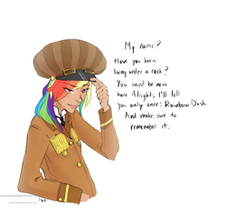 Size: 800x758 | Tagged: dead source, safe, artist:demdoodles, rainbow dash, human, g4, alternate universe, aviator, dialogue, diplomat-verse, fashion, female, hat, humanized, simple background, solo, white background