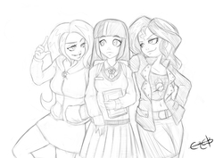 Size: 4093x2894 | Tagged: safe, artist:ereb-tauramandil, sunset shimmer, trixie, twilight sparkle, human, g4, 2014, belly button, book, clothes, counterparts, hoodie, humanized, jacket, magical trio, midriff, monochrome, necktie, sandwich, sketch, skirt, smug, sweater vest, twilight's counterparts