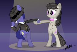 Size: 8486x5738 | Tagged: safe, artist:drewdini, octavia melody, oc, earth pony, pony, g4, absurd resolution, bipedal, bowtie, clothes, dancing, fedora, female, frown, grin, hat, holding hooves, hoof hold, male, mare, necktie, smiling, spotlight, squee, stallion, suit, wide eyes