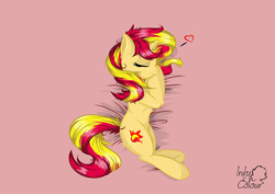 Size: 1016x719 | Tagged: safe, artist:bakakawaicosplay0o0, sunset shimmer, pony, unicorn, g4, female, heart, simple background, sleeping, solo, sunsleep shimmer