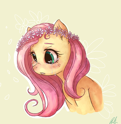 Size: 865x887 | Tagged: safe, artist:c-puff, fluttershy, g4, crying, female, floral head wreath, solo