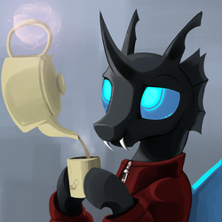 Size: 2000x2000 | Tagged: safe, artist:dimfann, changeling, clothes, coffee mug, fangs, high res, hoof hold, magic, smiling, solo, sweater, tea, teapot, telekinesis
