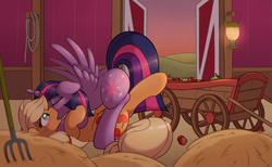 Size: 1924x1187 | Tagged: safe, artist:ratofdrawn, applejack, twilight sparkle, alicorn, earth pony, pony, g4, apple, blushing, duo, duo female, female, horn, indoors, kiss on the lips, kissing, lesbian, mare, on back, ship:twijack, shipping, spread wings, twilight sparkle (alicorn), wingboner, wings