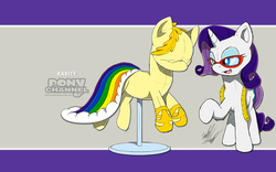 Size: 1920x1200 | Tagged: safe, artist:fuzon-s, rarity, g4, suited for success, art of the dress, clothes, crossover, dress, gala dress, glasses, mannequin, measuring tape, open mouth, pony channel, raised hoof, scene interpretation, sketch, sonic channel, sonic the hedgehog (series), style emulation, wallpaper, yuji uekawa style