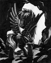 Size: 843x1024 | Tagged: safe, artist:cannibalus, oc, oc only, oc:dazzling "dodo" dusk, pegasus, pony, fallout equestria, fallout equestria: the fossil, cave, grayscale, looking back, monochrome, saddle bag, solo, spread wings, traditional art