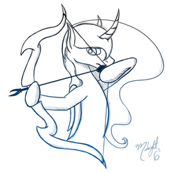 Size: 1000x1000 | Tagged: safe, artist:midnightsix3, princess luna, pony, lunadoodle, g4, archer, arrow, bipedal, bow (weapon), bow and arrow, curved horn, dexterous hooves, female, horn, monochrome, solo, weapon