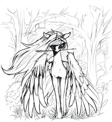 Size: 914x1000 | Tagged: safe, artist:madhotaru, princess luna, g4, arrow, dirty, ears back, female, glare, large wings, long legs, looking at you, luna is not amused, missing accessory, monochrome, mouth hold, raised hoof, shadow, sketch, slender, solo, spread wings, tall, thin, thin legs, unamused, walking, walking towards you, windswept mane, wings