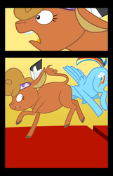 Size: 1000x1548 | Tagged: safe, artist:chubbyjam, little strongheart, rainbow dash, bison, buffalo, pegasus, pony, series:little strongfart, g4, over a barrel, anal vore, backwards cutie mark, comic, female, head up butt, mare, penetration, preydash, shrunken pupils, vore, wide eyes