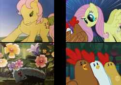 Size: 2046x1435 | Tagged: safe, edit, edited screencap, screencap, fluttershy, posey, caterpillar, chicken, earth pony, pegasus, pony, g1, g4, stare master, bow, comparison, female, flower, hub logo, mare, scared, stare, tail bow, the stare