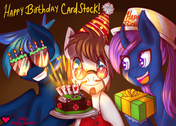 Size: 1024x732 | Tagged: safe, artist:ladypixelheart, oc, oc only, oc:azure night, oc:card stock, oc:shadow scope, birthday