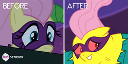 Size: 600x300 | Tagged: safe, fluttershy, saddle rager, g4, power ponies (episode), hubble, power ponies