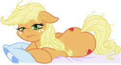Size: 6115x3288 | Tagged: safe, artist:latecustomer, artist:silverrainclouds, applejack, earth pony, pony, g4, applebutt, bed mane, both cutie marks, female, floppy ears, freckles, loose hair, mare, morning ponies, prone, simple background, solo, transparent background, vector