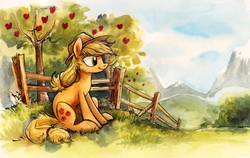 Size: 800x504 | Tagged: safe, artist:kenket, artist:spainfischer, applejack, earth pony, pony, g4, apple, apple tree, day, female, fence, mountain, orchard, outdoors, scenery, sitting, solo, traditional art, tree, watercolor painting