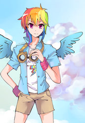 Size: 900x1308 | Tagged: safe, artist:cuhenghdj, rainbow dash, human, g4, clothes, female, goggles, humanized, looking at you, shorts, solo, spread wings, winged humanization, wings, wristband