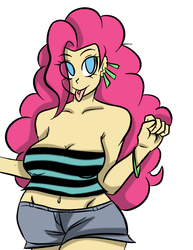 Size: 612x792 | Tagged: safe, artist:inuyuru, pinkie pie, human, g4, :p, belly button, bracelet, cleavage, clothes, curvy, earring, female, humanized, looking at you, midriff, shorts, smiling, solo, tongue out