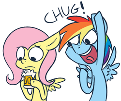 Size: 500x420 | Tagged: safe, artist:sorckylo, fluttershy, rainbow dash, g4, alcohol, beer, duo, hoof hold, varying degrees of want