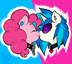 Size: 600x530 | Tagged: safe, artist:collaredginger, dj pon-3, pinkie pie, vinyl scratch, earth pony, pony, unicorn, boop, bust, collar, duo, earring, eyes closed, female, kiss on the lips, kissing, lesbian, mare, noseboop, piercing, shipping, smiling, spiked collar, vinylpie