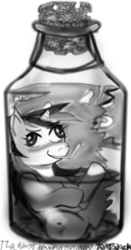 Size: 472x904 | Tagged: safe, artist:tentajack, oc, oc only, oc:blackjack, pony, unicorn, fallout equestria, fallout equestria: project horizons, alcohol, bottle, drunk, monochrome, pony in a bottle, simple background, solo, straw, trapped, whiskey, white background