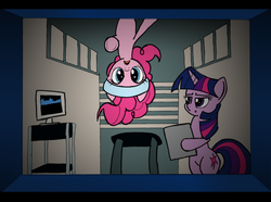 Size: 1024x762 | Tagged: safe, artist:mindofnoodles, pinkie pie, twilight sparkle, pony, g4, 50 cent, bipedal, hip hop, music video, rap, sweatband, upside down