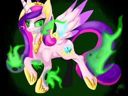 Size: 680x512 | Tagged: safe, artist:galladexd, queen chrysalis, changeling, changeling queen, g4, disguise, disguised changeling, fake cadance, fangs, female, grin, solo