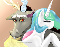 Size: 1023x808 | Tagged: dead source, safe, artist:blueheart417, discord, princess celestia, alicorn, draconequus, pony, g4, crying, female, hug, male, sad, ship:dislestia, shipping, straight