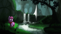 Size: 4000x2250 | Tagged: safe, artist:fuzzyfox11, berry punch, berryshine, g4, clothes, female, river, scarf, scenery, solo, waterfall
