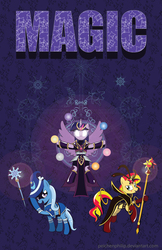 Size: 3300x5100 | Tagged: safe, artist:peichenphilip, sunset shimmer, trixie, twilight sparkle, alicorn, pony, unicorn, g4, clothes, counterparts, dress, elements of harmony, glowing eyes, magical trio, staff, twilight sparkle (alicorn), twilight's counterparts, wand