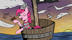 Size: 1366x768 | Tagged: safe, artist:flutteriot, pinkie pie, bird, seagull, g4, female, pirate, pirate ship, ship, solo