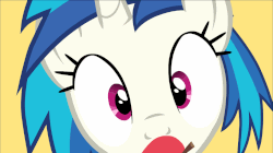 Size: 1069x600 | Tagged: safe, artist:ldear, dj pon-3, vinyl scratch, pony, unicorn, pink fluffy handcuffs are perfect for bondage, g4, animated, apple, apple gag, eyes, female, food, gag, looking at you, mare, reaction image, solo