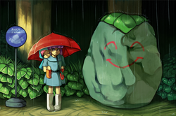 Size: 3187x2121 | Tagged: dead source, safe, artist:dhui, maud pie, pinkie pie, tom, human, g4, boulder, bus stop, crossover, female, high res, humanized, my neighbor totoro, parody, piggyback ride, rain, reference, sisters, smiling, umbrella, when she smiles, younger