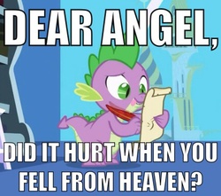 Size: 436x386 | Tagged: safe, edit, edited screencap, screencap, angel bunny, spike, demon, dragon, friendship is magic, g4, angelic bunny, angelspike, caption, gay, heaven, image macro, letter, male, meme, pun, quill, scroll, shipping, solo, spike's love letters, subverted meme, tongue out, twilight's canterlot home, window