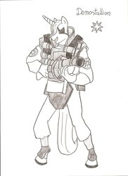 Size: 762x1048 | Tagged: safe, artist:witkacy1994, prince blueblood, g4, crossover, demoman, demoman (tf2), eyepatch, grenade launcher, male, monochrome, sketch, solo, team fortress 2, weapon