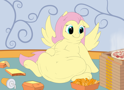 Size: 2600x1900 | Tagged: safe, artist:jesseorange, artist:watertimdragon, fluttershy, pegasus, pony, g4, belly, belly button, big belly, drool, fat, fattershy, female, kitchen eyes, mare, obese, solo, stuffed
