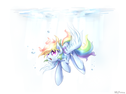 Size: 1000x746 | Tagged: dead source, safe, artist:mlpanon, rainbow dash, g4, bubble, female, simple background, solo, swimming, underwater, white background